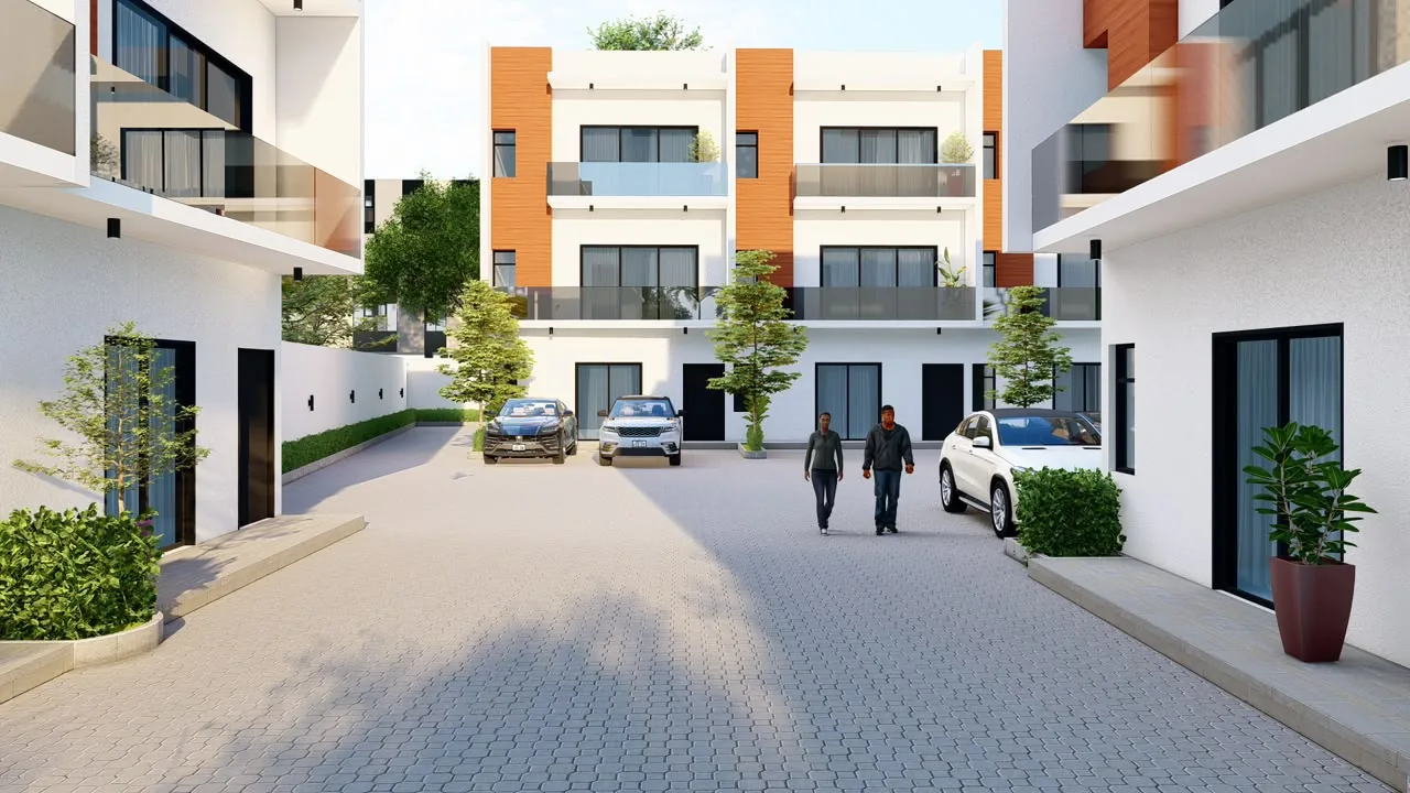 Residents walking through the estate courtyard