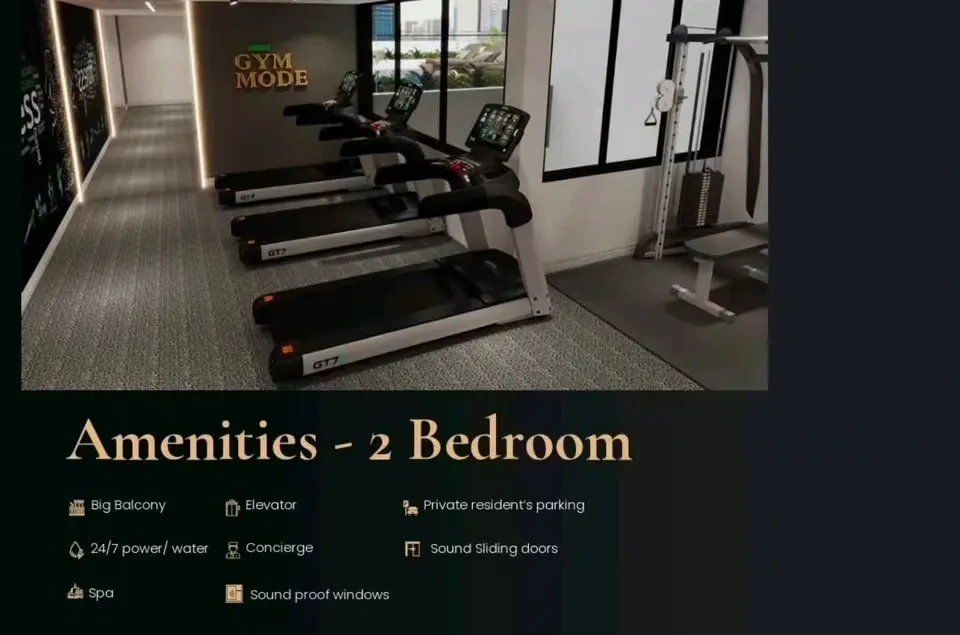Amenities of the 2-bedroom units: big balcony, elevator, private resident's parking, 24/7 power and water, concierge, sound sliding doors, spa and sound proof windows