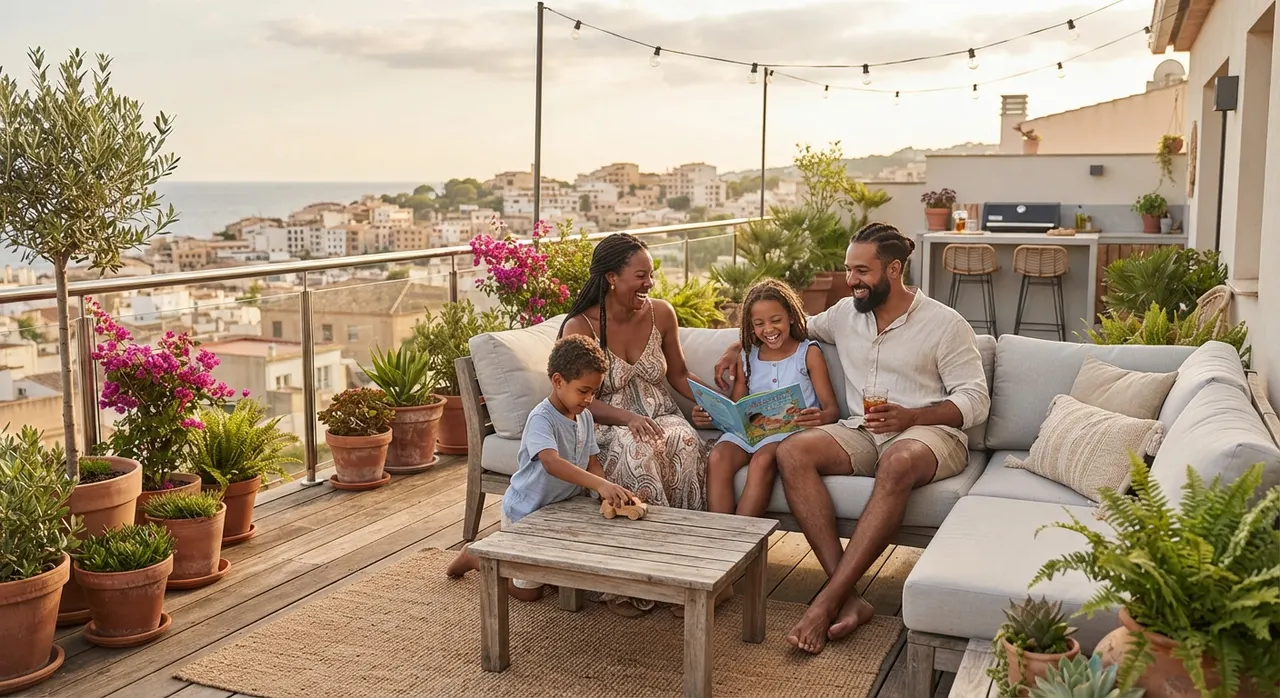Family relaxing together on a sunny terrace