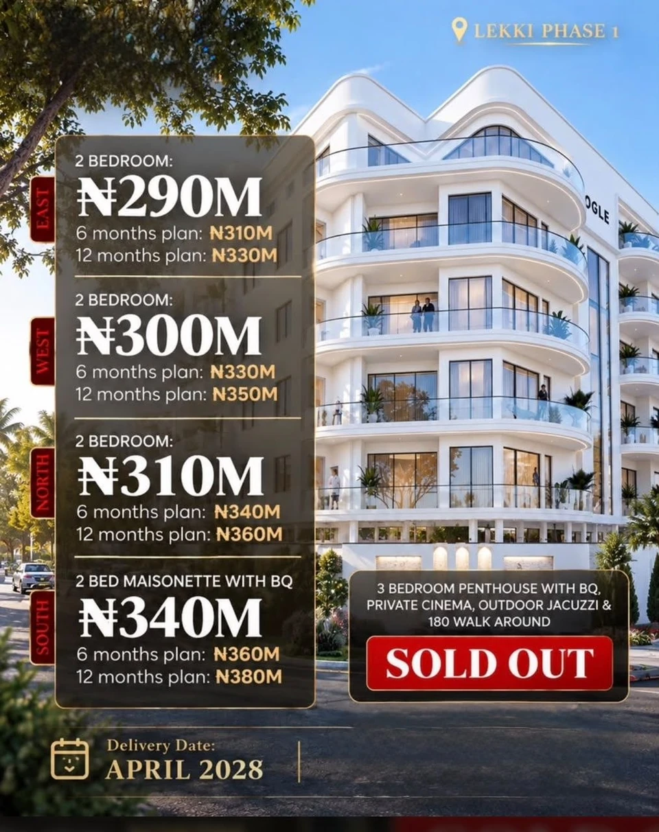 GOGLE price list, Lekki Phase 1: 2-bedroom apartments and 2-bedroom maisonette with BQ, with 6 and 12 month payment plans. 3-bedroom penthouse sold out. Delivery April 2028