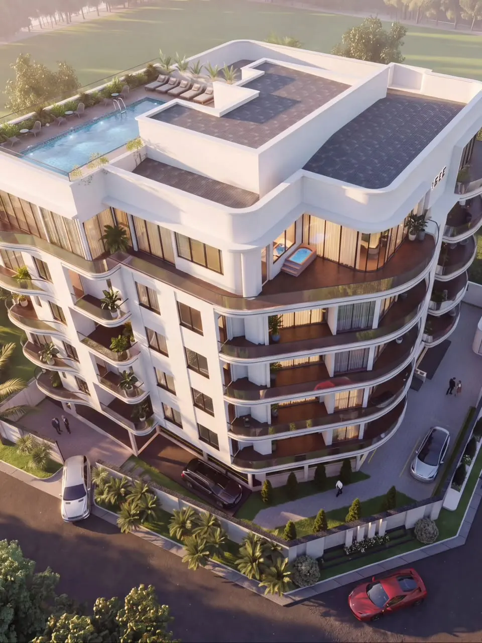 GOGLE building in Lekki Phase 1, aerial view with rooftop pool